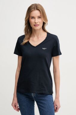 Bavlnené tričko Pepe Jeans MACY V-NECK dámske, tmavomodrá farba, PL506051