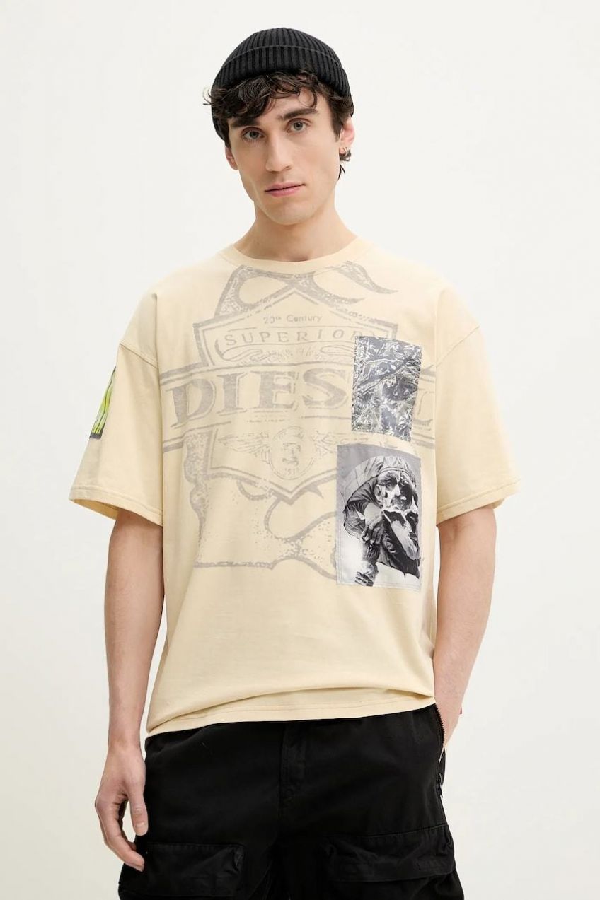 Bavlnené tričko Diesel T-BOXT-SLITS-R8 T-SHIRT pánske, béžová farba, vzorované, A16162.0PLAT