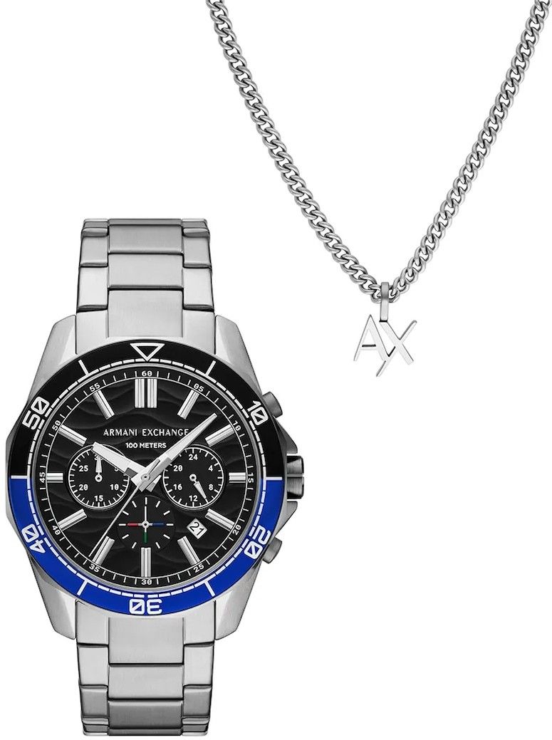Hodinky a náhrdelník Armani Exchange SPENCER pánske, strieborná farba, AX7166SET