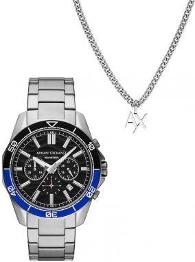 Hodinky a náhrdelník Armani Exchange SPENCER pánske, strieborná farba, AX7166SET