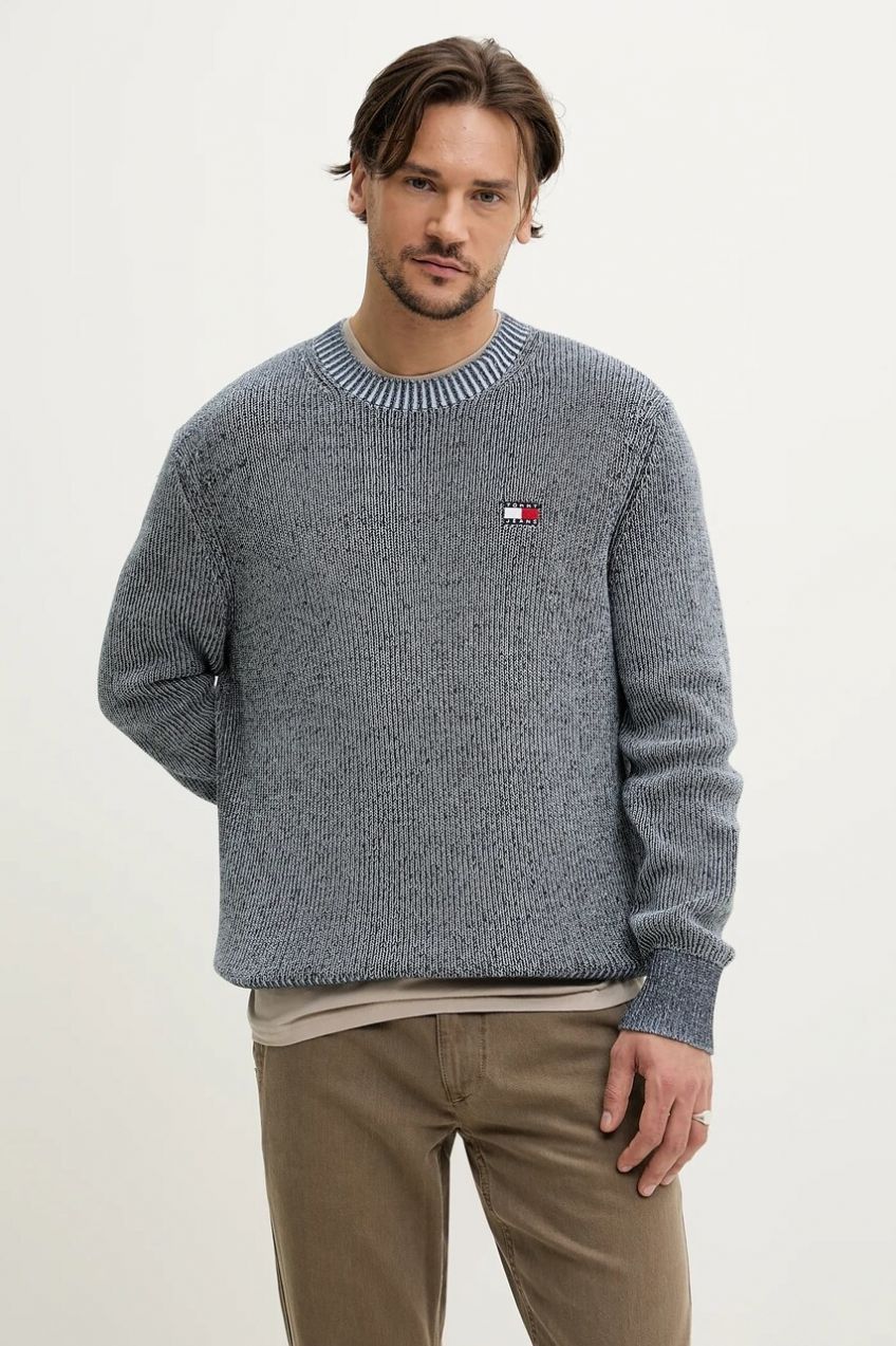 Bavlnený sveter Tommy Jeans pánsky, tmavomodrá farba, tenký, DM0DM20923