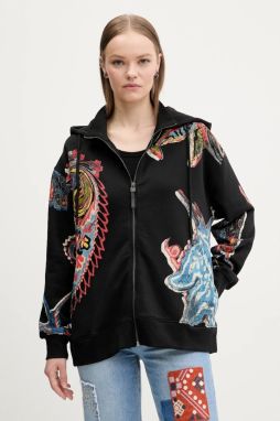 Bavlnená mikina Desigual MELTED PAISLEYS dámska, čierna farba, s kapucňou, vzorovaná, 25SWSK01