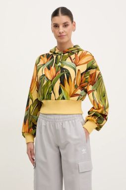 Bavlnená mikina adidas x Farm Rio dámska, žltá farba, s kapucňou, vzorovaná, JD6282