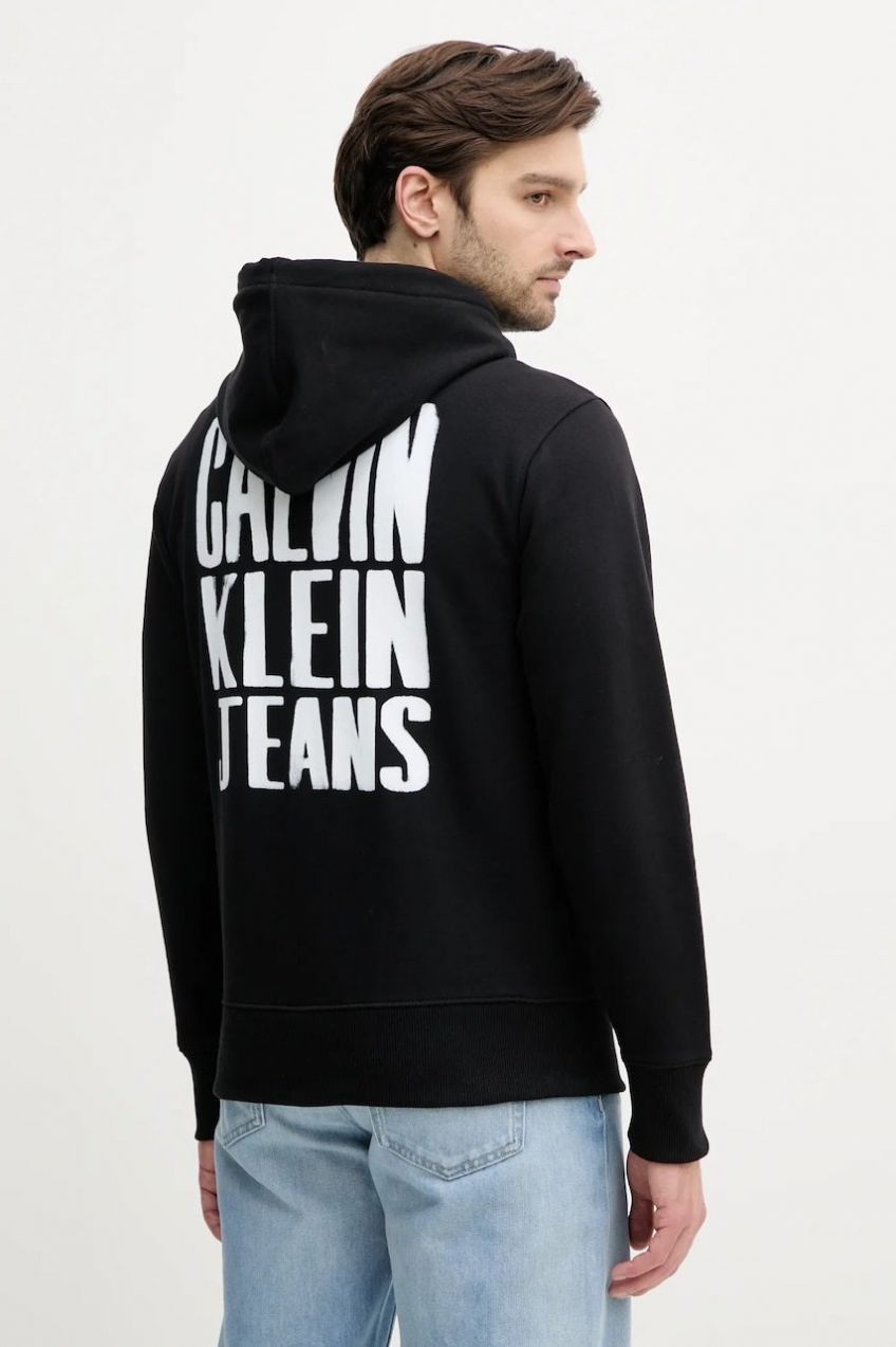 Bavlnená mikina Calvin Klein Jeans pánska, čierna farba, s kapucňou, s potlačou, J30J327526