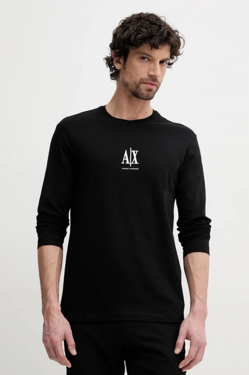 Bavlnené tričko s dlhým rukávom Armani Exchange čierna farba, s nášivkou, XM000364 AF12308