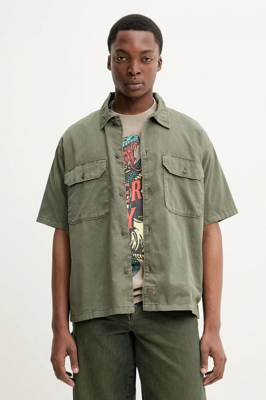 Košeľa Dickies pánska, zelená farba, voľný strih, s klasickým golierom, DK0A4Z7QMGR1