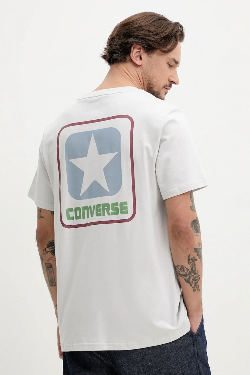 Bavlnené tričko Converse pánske, šedá farba, s potlačou, 10027993-A03