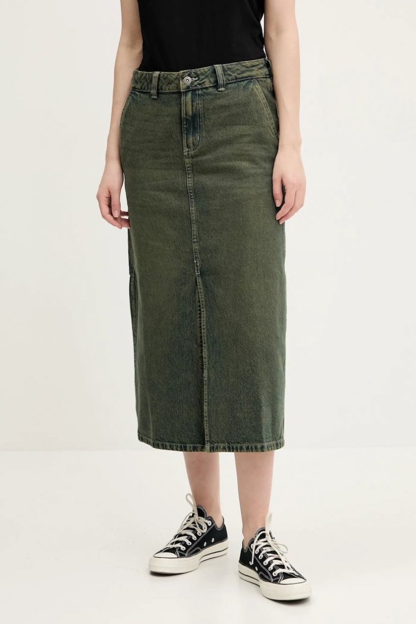 Rifľová sukňa Dickies zelená farba, midi, rovný strih, DK0A866SK571
