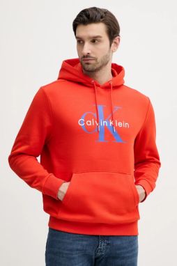 Mikina Calvin Klein Jeans pánska, oranžová farba, s kapucňou, s potlačou, LV040BM800