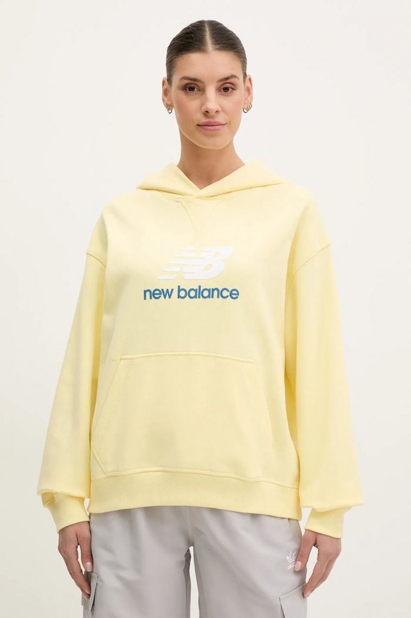 Bavlnená mikina New Balance dámska, žltá farba, s kapucňou, s potlačou, WT51501PRC