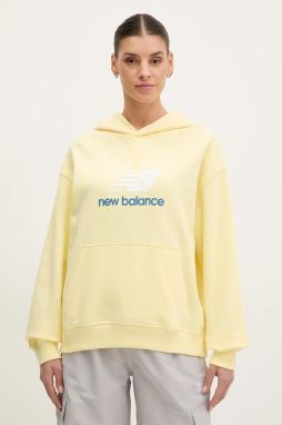 Bavlnená mikina New Balance dámska, žltá farba, s kapucňou, s potlačou, WT51501PRC