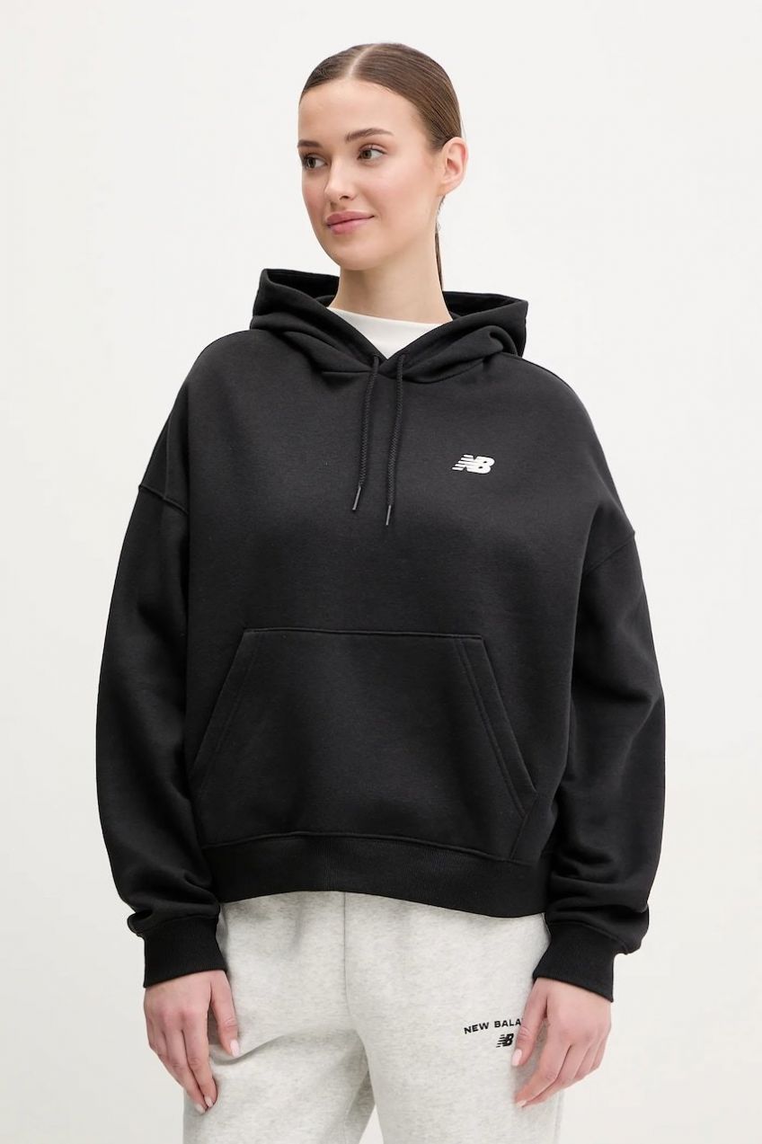 Mikina New Balance dámska, čierna farba, s kapucňou, s potlačou, WT51518BK