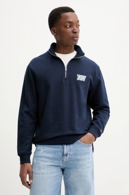 Bavlnená mikina Tommy Jeans pánska, tmavomodrá farba, s potlačou, DM0DM21865