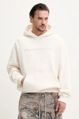 Mikina Abercrombie & Fitch pánska, béžová farba, s kapucňou, s nášivkou, KI175-5121