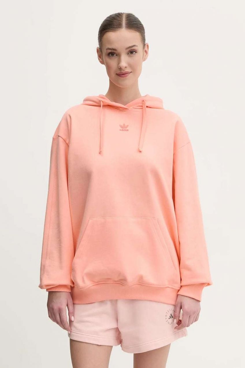 Bavlnená mikina adidas Originals Essential dámska, oranžová farba, s kapucňou, jednofarebná, JJ3499