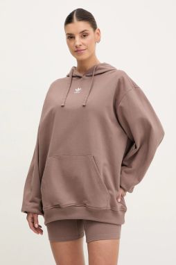 Bavlnená mikina adidas Originals Essential dámska, hnedá farba, s kapucňou, jednofarebná, JC8981