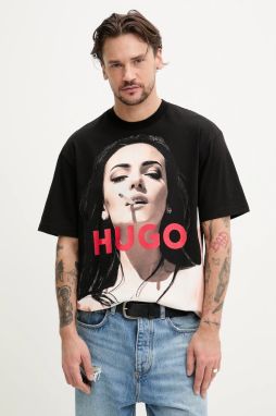 Bavlnené tričko HUGO pánske, čierna farba, s potlačou, 50535314