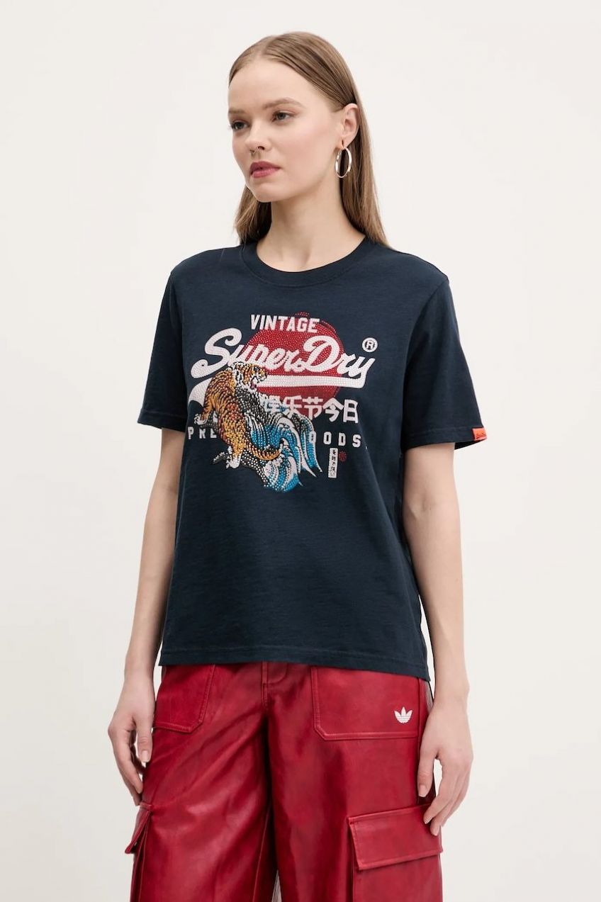 Bavlnené tričko Superdry dámske, tmavomodrá farba, W1011627A-JWV