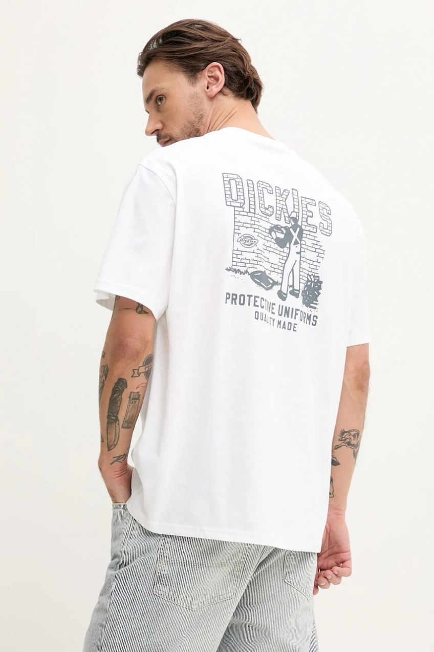 Bavlnené tričko Dickies pánske, biela farba, s potlačou, DK0A4Z8R0WH1