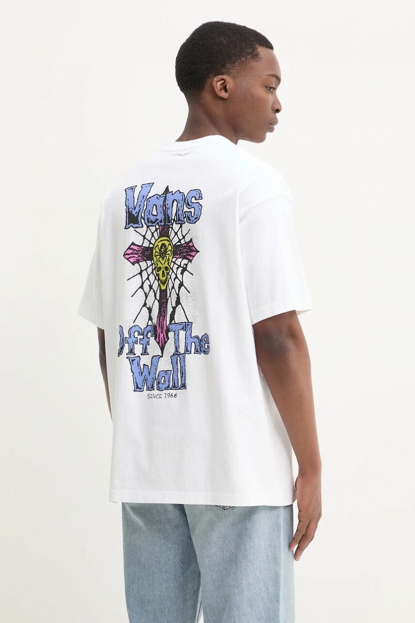 Bavlnené tričko Vans pánske, biela farba, s potlačou, VN000NWNWHT1