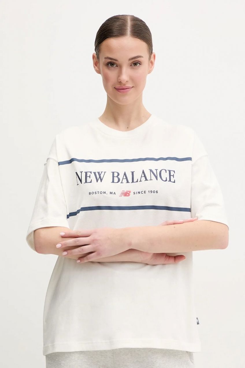 Bavlnené tričko New Balance dámsky, béžová farba, WT51910SST