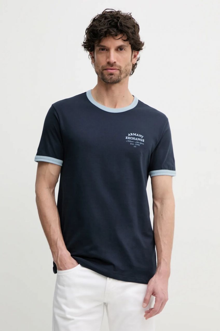 Bavlnené tričko Armani Exchange pánske, tmavomodrá farba, s nášivkou, XM000536 AF10334