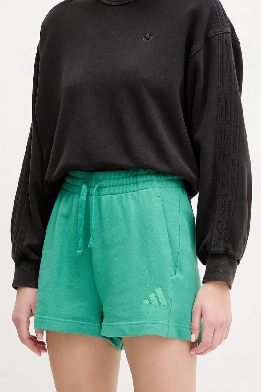 Bavlnené šortky adidas ALL SZN dámske, zelená farba, jednofarebné, vysoký pás, JD4731