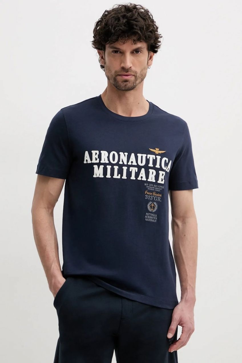 Bavlnené tričko Aeronautica Militare pánske, tmavomodrá farba, s nášivkou, TS2401J592