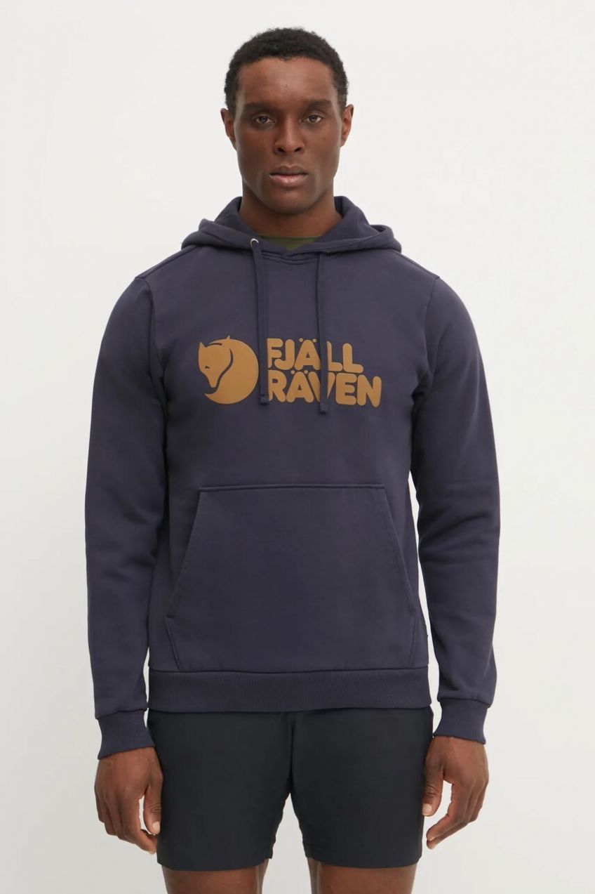 Bavlnená mikina Fjallraven pánska, tmavomodrá farba, s kapucňou, vzorovaná
