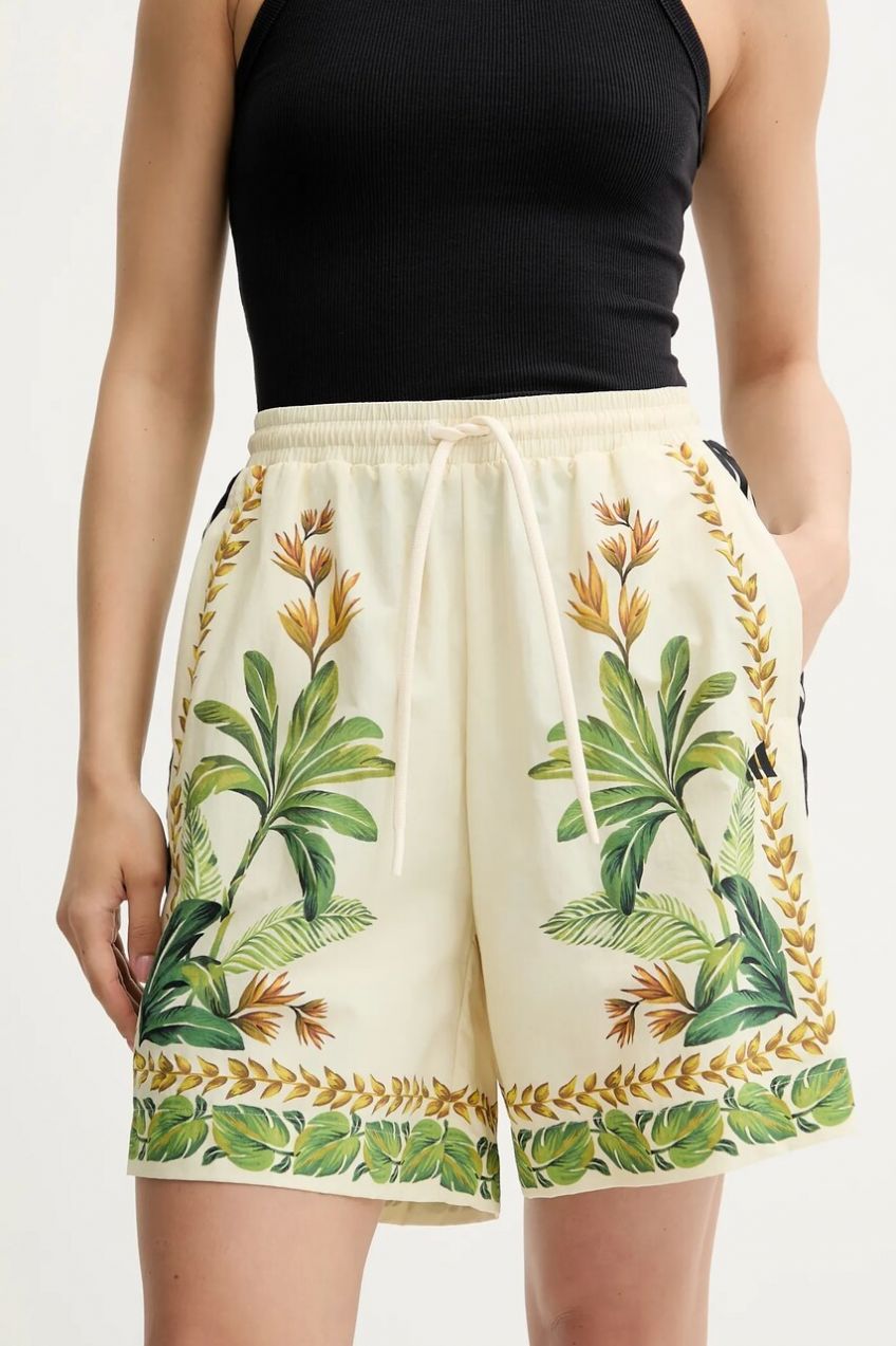 Šortky adidas x Farm Rio dámske, béžová farba, vzorované, vysoký pás, JD6288