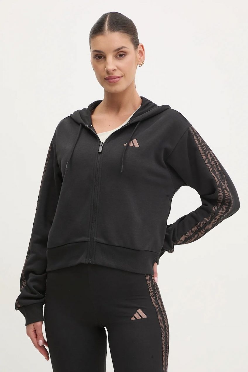 Mikina adidas Essentials Animal dámska, čierna farba, s kapucňou, s nášivkou, JM5893
