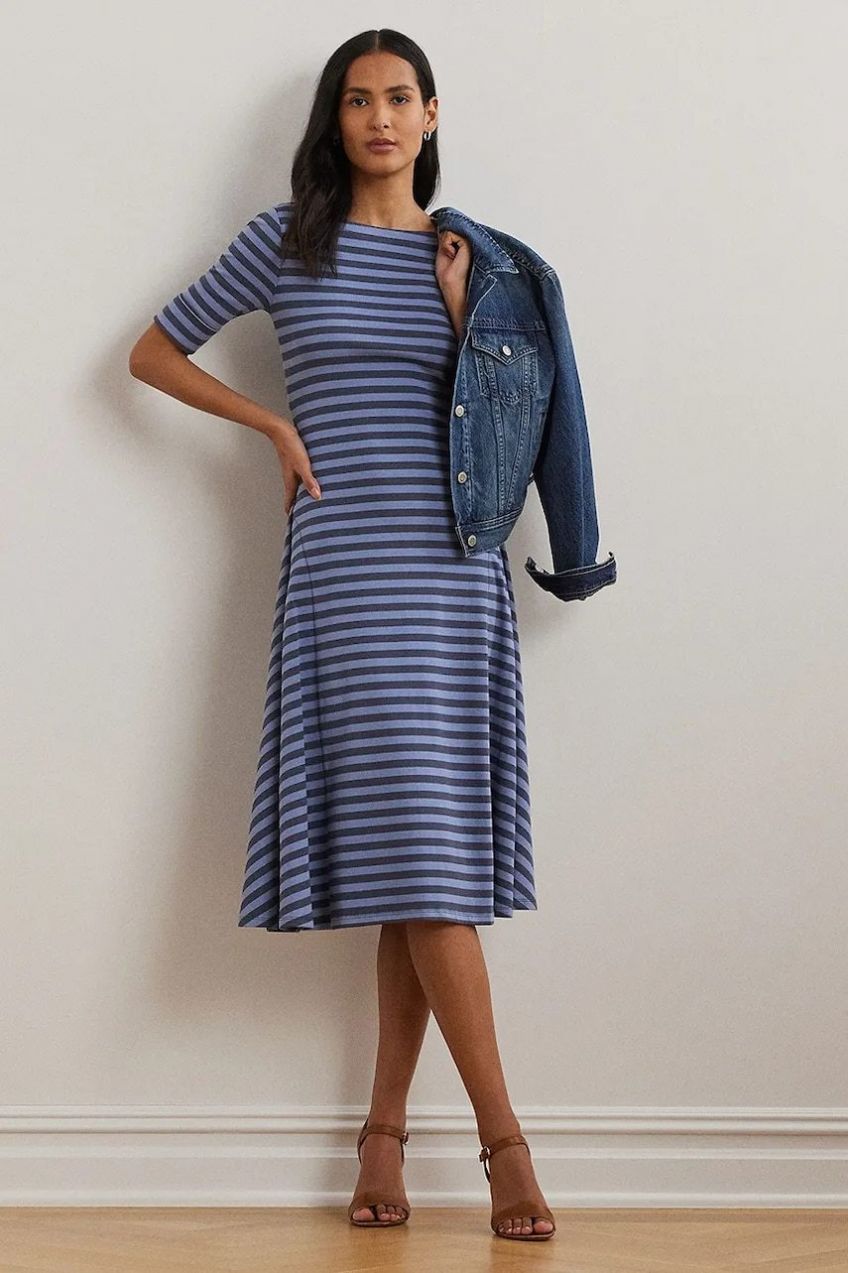 Bavlnené šaty Lauren Ralph Lauren tmavomodrá farba, midi, áčkový strih, 250964094
