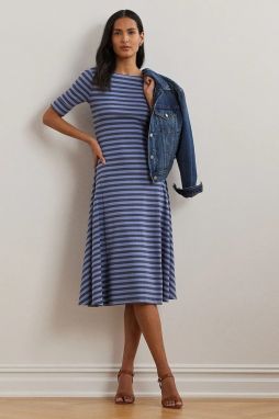 Bavlnené šaty Lauren Ralph Lauren tmavomodrá farba, midi, áčkový strih, 250964094