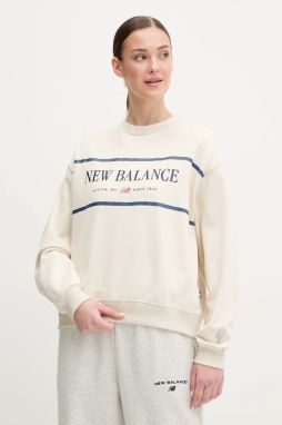 Bavlnená mikina New Balance dámska, béžová farba, s potlačou, WT51923LIN