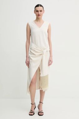 Šaty s prímesou ľanu ISABELLE BLANCHE béžová farba, midi, priliehavá, IS25SS-A146-T005