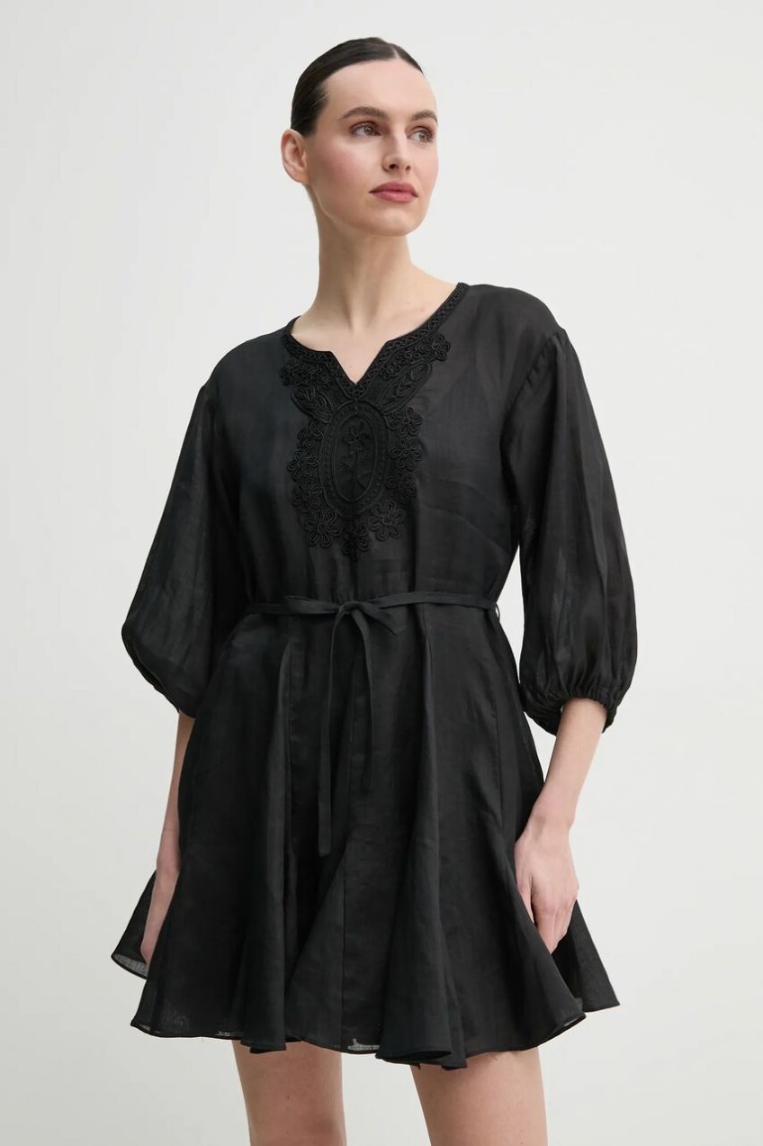 Ľanové šaty ISABELLE BLANCHE čierna farba, mini, áčkový strih, IS25SS-A086-T019