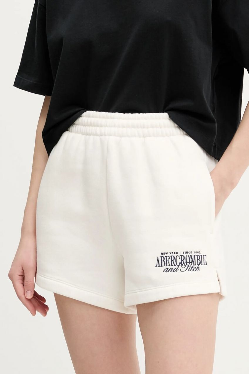 Šortky Abercrombie & Fitch dámske, béžová farba, s nášivkou, vysoký pás, KI186-5045