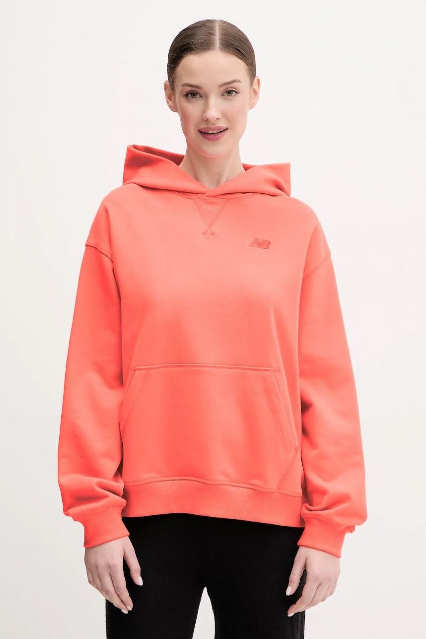 Bavlnená mikina New Balance dámska, oranžová farba, s kapucňou, jednofarebná, WT41537DTR