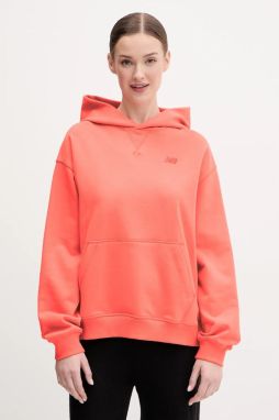 Bavlnená mikina New Balance dámska, oranžová farba, s kapucňou, jednofarebná, WT41537DTR