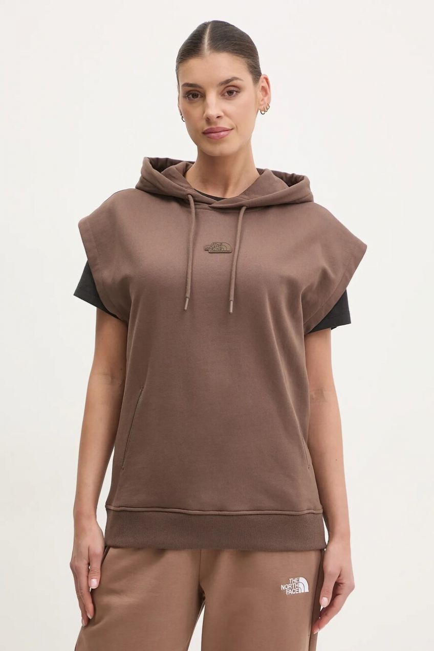 Bavlnená mikina The North Face Relaxed dámska, hnedá farba, s kapucňou, jednofarebná, NF0A8BW21OI1