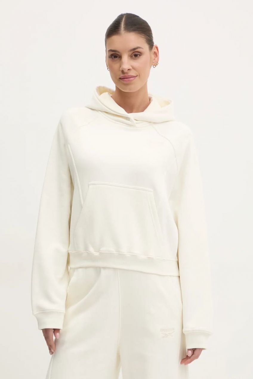 Bavlnená mikina Reebok Classic dámska, béžová farba, s kapucňou, jednofarebná, 100214102