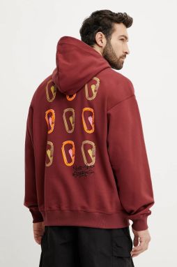 Bavlnená mikina The North Face Nuptse Oversized pánska, červená farba, s kapucňou, s potlačou, NF0A8C3V0VO1