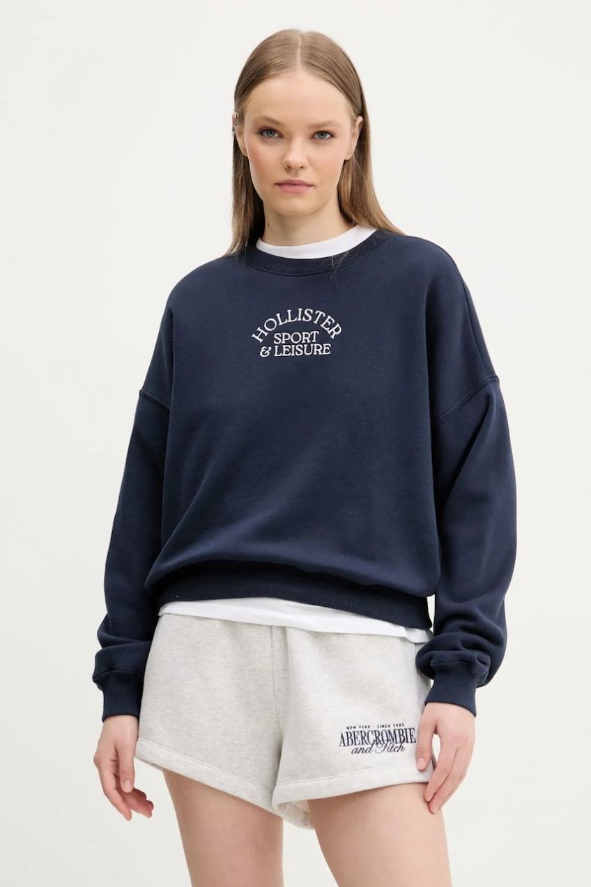 Mikina Hollister Co. dámska, tmavomodrá farba, s nášivkou, KI352-5109