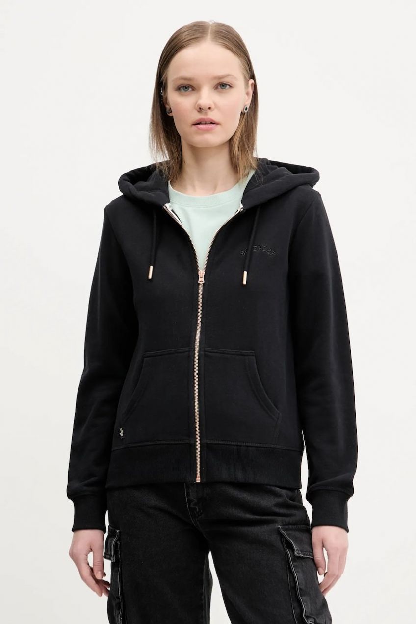 Bavlnená mikina Superdry dámska, čierna farba, s kapucňou, jednofarebná, W2012358A-02A
