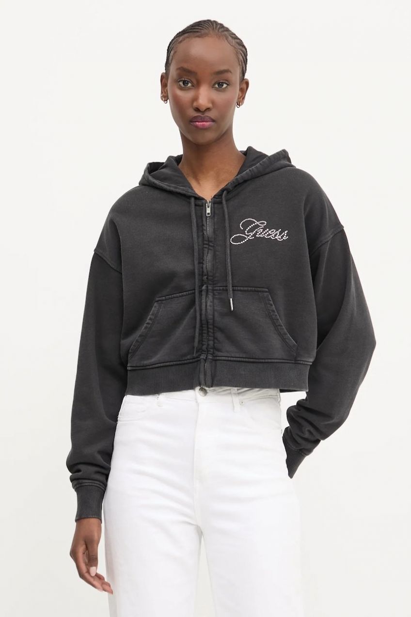 Bavlnená mikina Guess Originals dámska, čierna farba, s kapucňou, jednofarebná, W5RQ13 K68I1