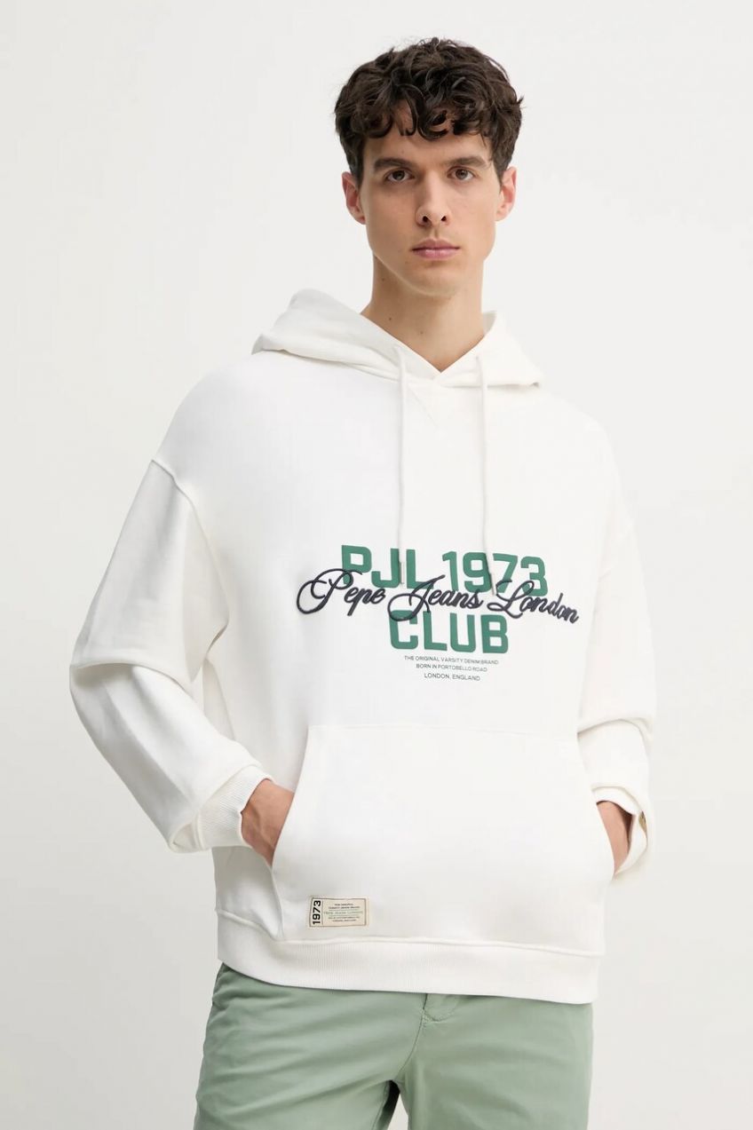 Bavlnená mikina Pepe Jeans TALBOT HOODIE pánska, biela farba, s kapucňou, s nášivkou, PM582848