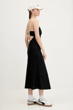 Ľanové šaty Hollister Co. čierna farba, midi, áčkový strih, KI359-5049