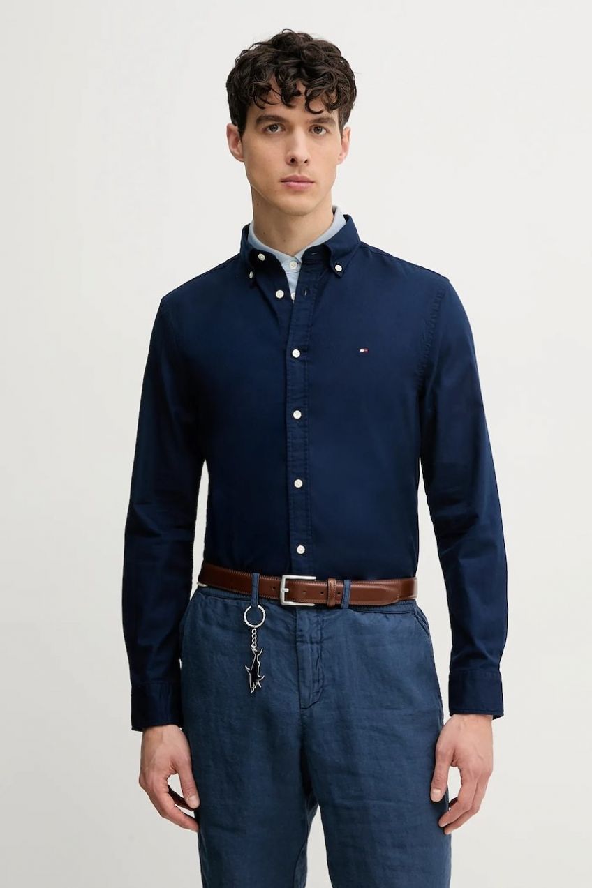 Bavlnená košeľa Tommy Hilfiger pánska, tmavomodrá farba, slim, s golierom button-down, MW0MW38556