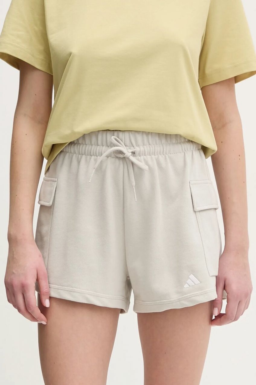 Šortky adidas Essentials dámske, béžová farba, jednofarebné, vysoký pás, JC5699