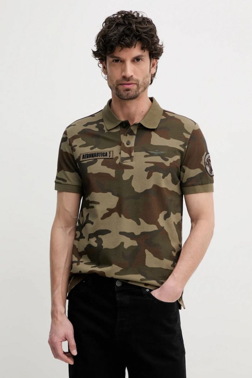 Bavlnené polo tričko Aeronautica Militare pánske, zelená farba, vzorované, PO1861P346